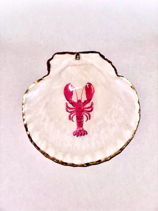 Other - Decoupage Scallop Shell Pink Lobster Shell Trinket Dish with Gold Edge